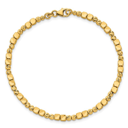 14K Yellow Gold Polished Diamond-cut and Square Beaded 7 Inch Bracelet