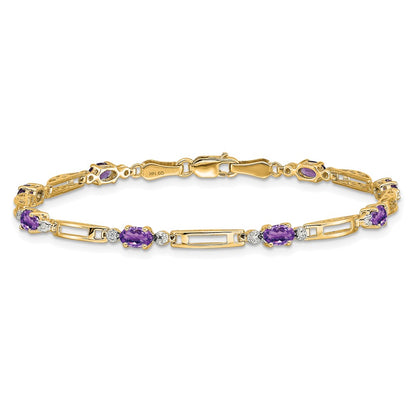 14K Yellow Gold Complete Diamond and Oval Amethyst Fancy Link 7 Inch Bracelet