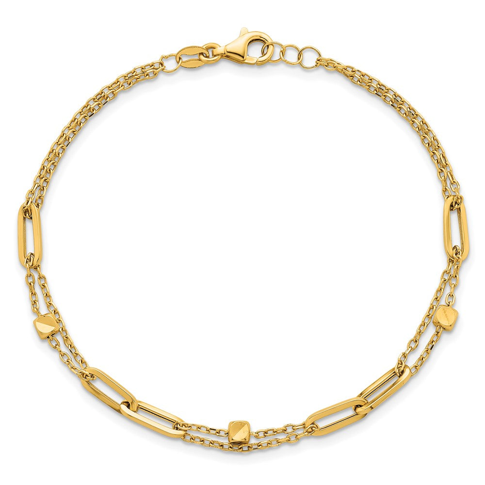 14K Yellow Gold Polished and Beaded 2-Strand with Fancy Paperclip Link 7.5 Inch Bracelet
