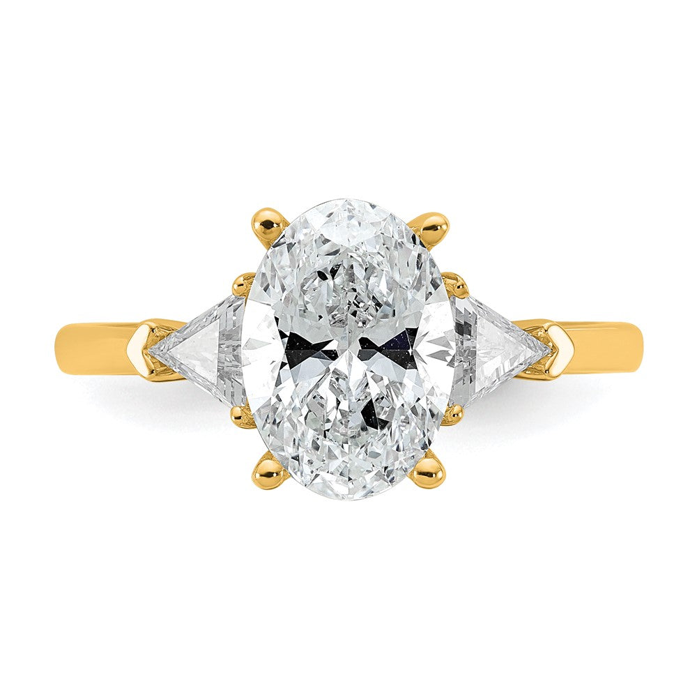 14K Yellow Gold 1/2 carat Lab Grown Diamond VS/SI+ G+ Trillion and 2 carat Oval Center Semi Mount Three Stone Engagement Ring
