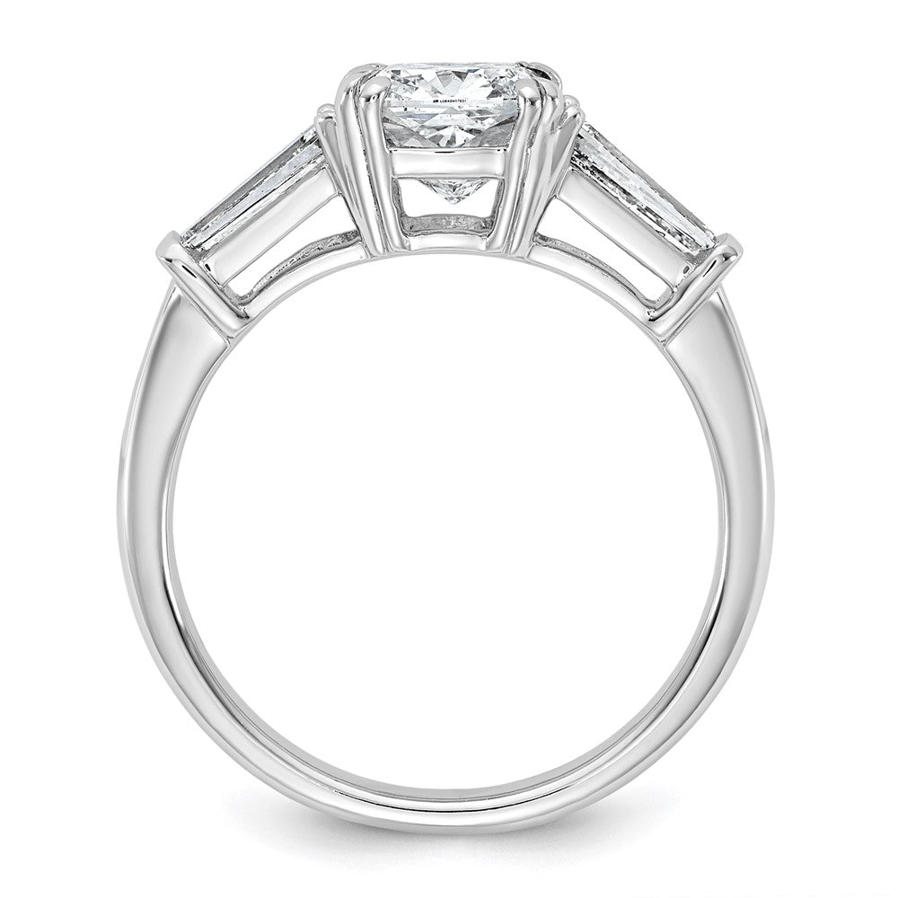 14K White Gold 5/8 carat Lab Grown Diamond VS+ F+ Tapered Baguette 1 1/2 carat Cushion Center Semi Mount Three Stone Engagement Ring