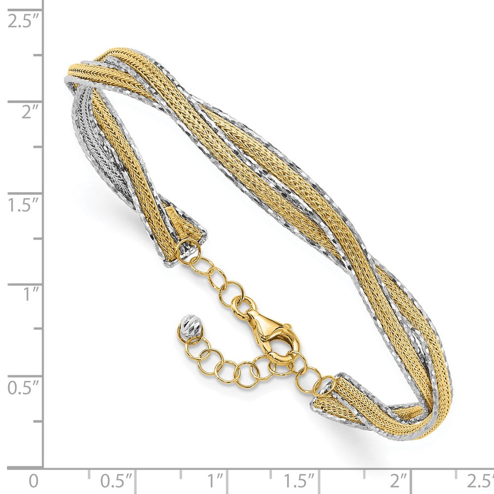 14K Two-Tone Gold Two-tone Diamond-cut and Textured Braided 6.70mm with Safety Chain Flexible Oval Bangle Bracelet