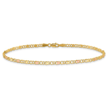 14K Two-Tone Gold Polished and Satin -plated X-and-Heart 9 Inch Anklet