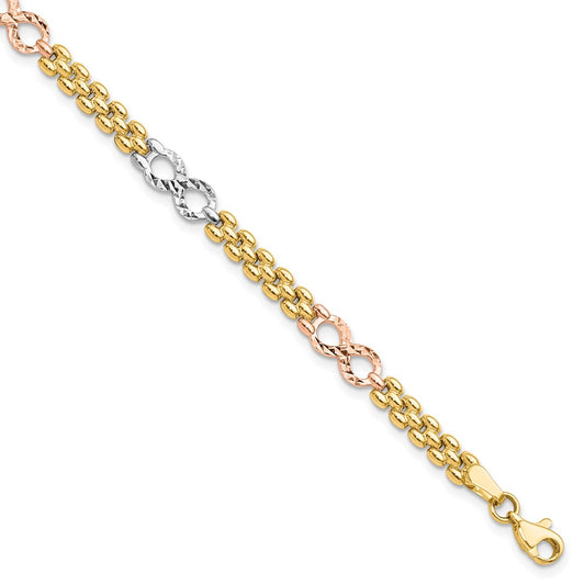 14K Tri-Color Gold Tri-color Polished and Textured Infinity Fancy Bracelet