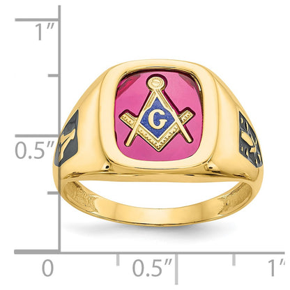 14K Yellow Gold Men's Polished and Textured with Black Enamel and Lab Created Ruby Masonic Ring
