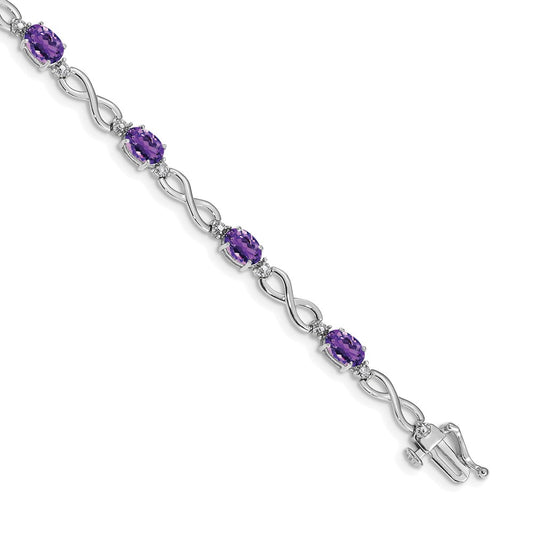 14K White Gold Complete Oval Amethyst and Diamond Infinity Link 7 Inch Bracelet