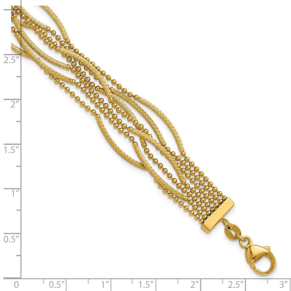 14K Yellow Gold Polished and Textured Multi Strand Beaded 7.25 Inch Bracelet