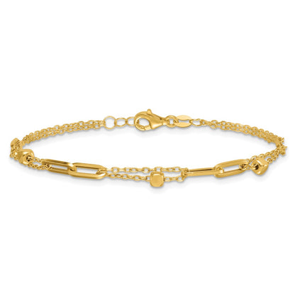 14K Yellow Gold Polished and Beaded 2-Strand with Fancy Paperclip Link 7.5 Inch Bracelet