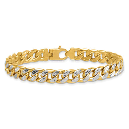 14K Yellow Gold with Rhodium Pave Textured 8.5mm Flat Curb Chain 8.5 Inch Mens Bracelet