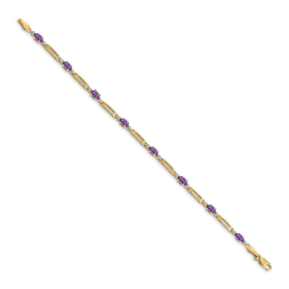 14K Yellow Gold Complete Diamond and Oval Amethyst Fancy Link 7 Inch Bracelet