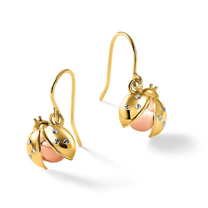 14K Yellow Gold with and Rhodium Diamond-cut Ladybug Dangle French Hook Earrings