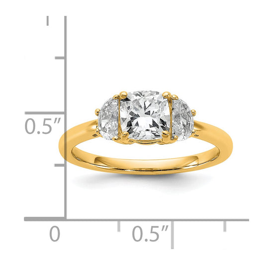 14K Yellow Gold 3/8 carat Lab Grown Diamond VS/SI+ G+ Half Moon and 1 carat Cushion Center Semi Mount Three Stone Engagement Ring