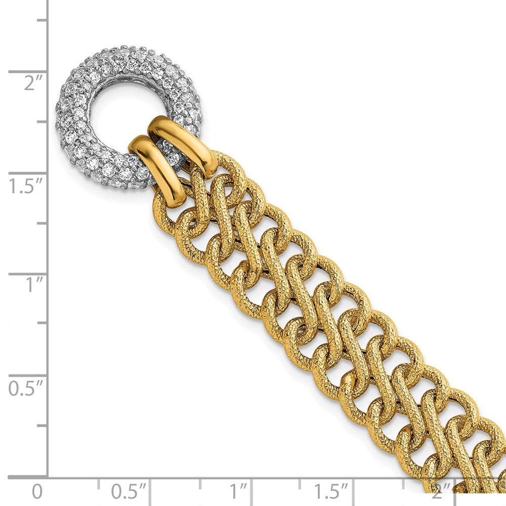 14K Yellow Gold with Rhodium 12.25mm Textured Fancy Chain with CZ Toggle 7.5 Inch Bracelet