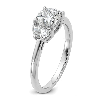 14K White Gold 1 3/8 carat Certified Lab Grown Diamond VS/SI+ G+ Complete Cushion and Half Moon Three Stone Engagement Ring