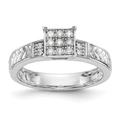 14K White Gold Square Cluster AA Quality 1/6 carat Diamond Trio Complete Engagement Ring