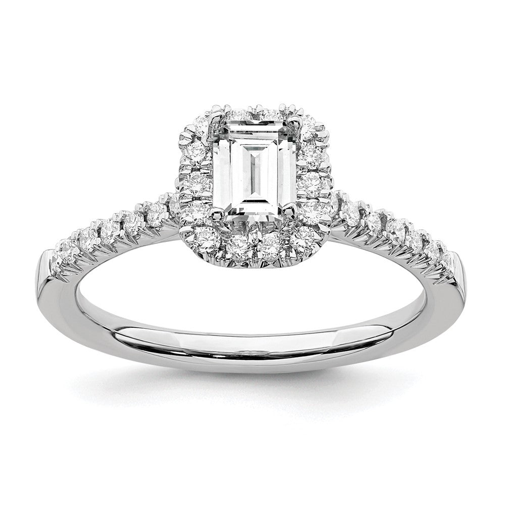 14K White Gold Halo (Holds 1/2 carat (5.3x3.9mm) Emerald-cut Center) 1/4 carat Diamond Semi-mount Engagement Ring