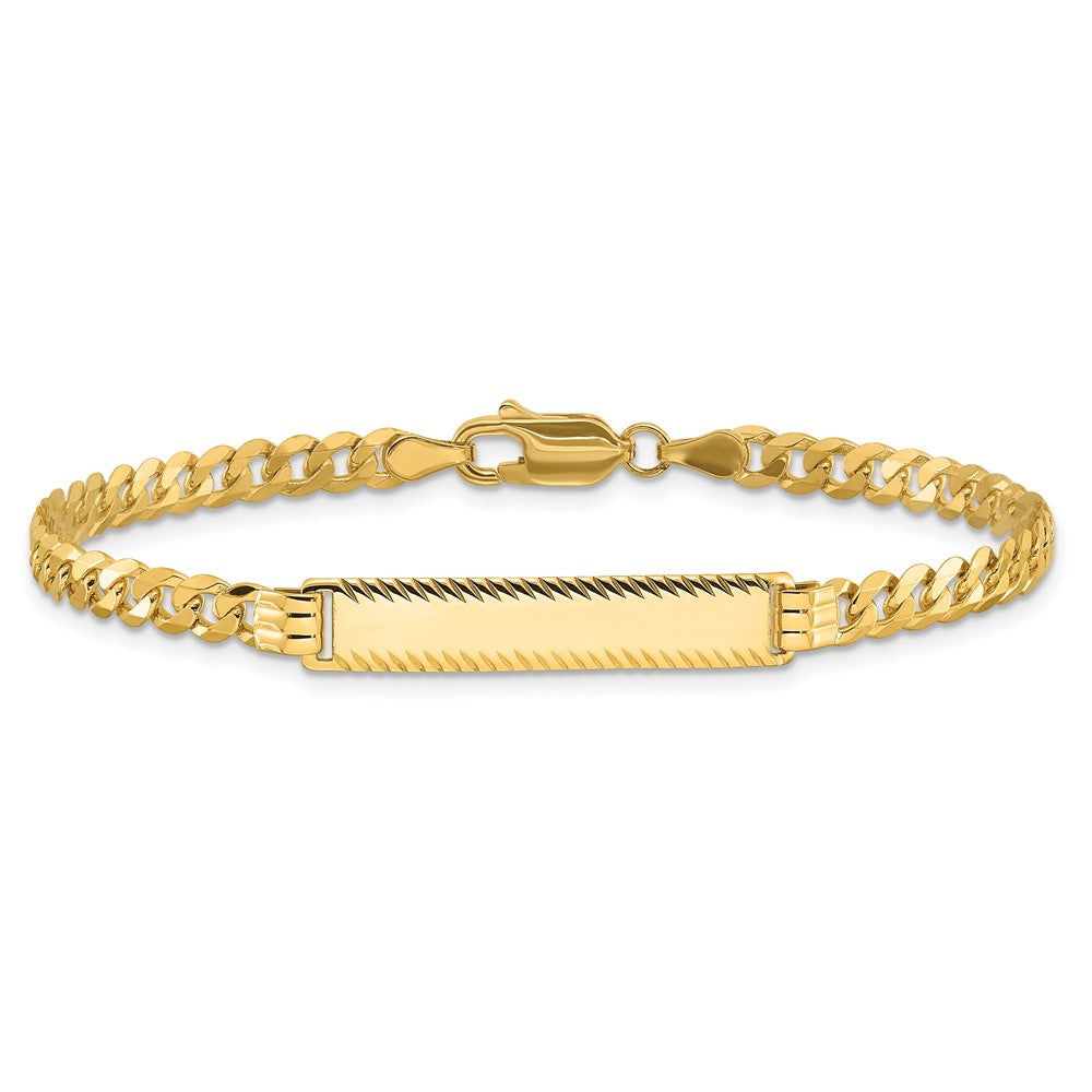 14K Yellow Gold Polished Solid Chain/Solid Plate Flat Curb Link Diamond-cut 27x5.5mm Plate 7 Inch ID Bracelet