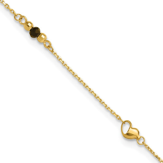 14K Yellow Gold Heart and Lab Created Onyx 9 Inch Plus 1 Inch Extender - Total 10 Inch Anklet