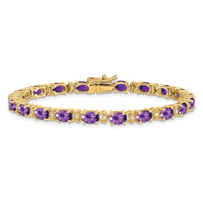14K Yellow Gold Complete Oval Amethyst and Diamond 7 Inch Bracelet