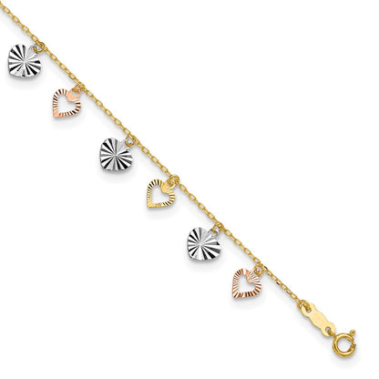 14K Tri-Color Gold Tri-Color Dangle Hearts 9 Inch Plus 1 Inch Extender - Total 10 Inch Anklet