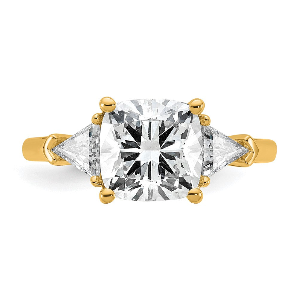 14K Yellow Gold 5/8 carat Lab Grown Diamond VS/SI+ G+ Triangle 2 1/2 carat Cushion Center Semi Mount Three Stone Engagement Ring