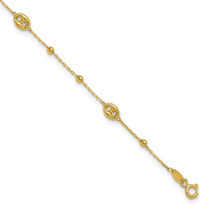 14K Yellow Gold Puffed Mariner Beaded 9 Inch Plus 1 Inch Extender - Total 10 Inch Anklet