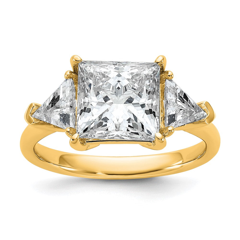 14K Yellow Gold 4 1/8 carat Certified Lab Grown Diamond VS+ F+ Princess and Trillion Complete Three Stone Engagement Ring