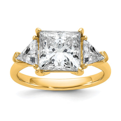 14K Yellow Gold 4 1/8 carat Certified Lab Grown Diamond VS+ F+ Princess and Trillion Complete Three Stone Engagement Ring