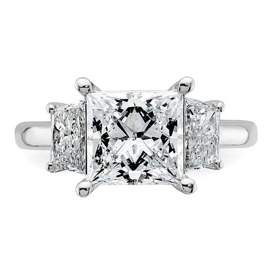 14K White Gold 4 carat Lab Grown Diamond VS+ F+ Princess and Trapezoid Complete Three Stone Engagement Ring