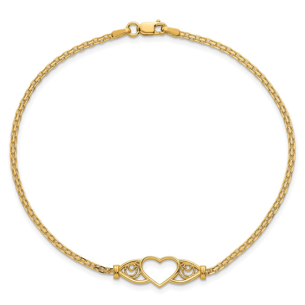 14K Yellow Gold Polished Open Heart with Filigree and Bismark Chain 9 Inch Anklet