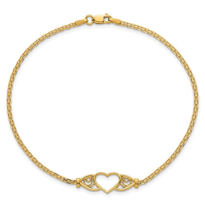 14K Yellow Gold Polished Open Heart with Filigree and Bismark Chain 9 Inch Anklet