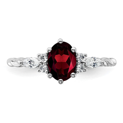 14K White Gold Diamond and 7x5 Oval January/Garnet Size 7 Twisted Ring