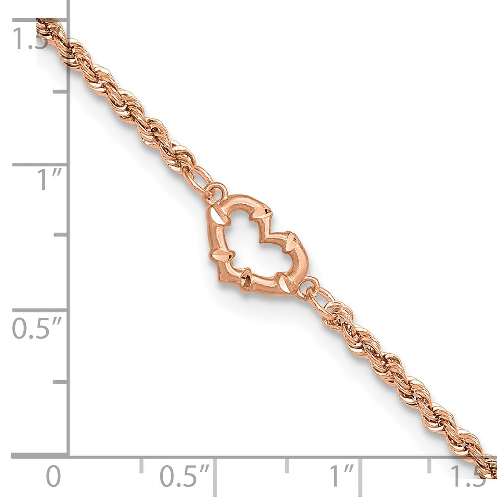 14K Rose Gold Diamond-cut Open Heart and Rope Chain 9 Inch Anklet