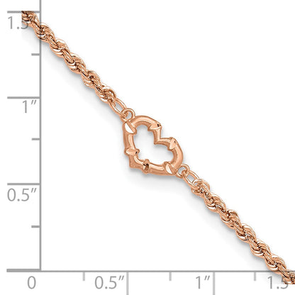 14K Rose Gold Diamond-cut Open Heart and Rope Chain 9 Inch Anklet