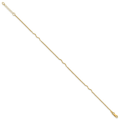14K Yellow Gold Wavy Bar 3-Station 9 Inch Plus 1 Inch Extender - Total 10 Inch Anklet