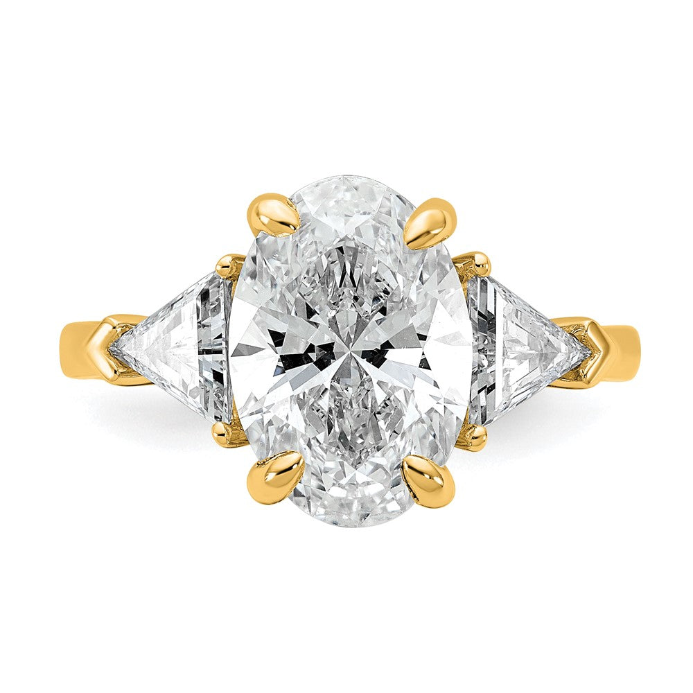 14K Yellow Gold 1 1/8 carat Lab Grown Diamond VS/SI+ G+ Trillion and 3 carat Oval Center Semi Mount Three Stone Engagement Ring