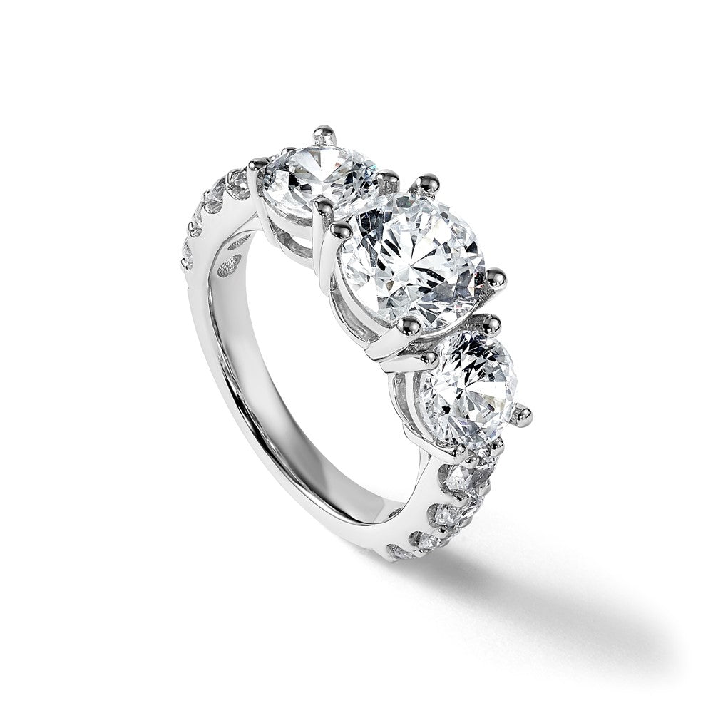 14K White Gold 4 carat Lab Grown Diamond VS+ F+ Round Complete Three Stone Engagement Ring