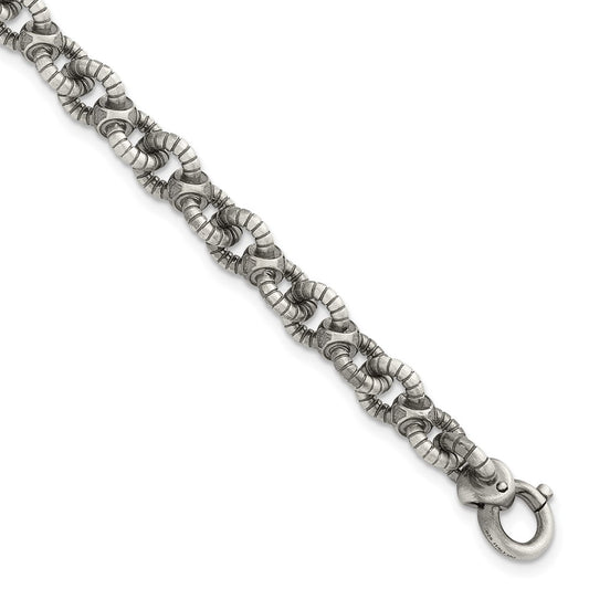 Sterling Silver Black Ruthenium-plated Brushed Fancy Textured Cable Link Mens 8.5 Inch Bracelet