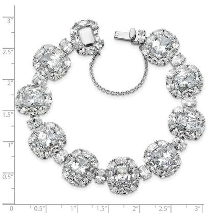Cheryl M Sterling Silver Rhodium-plated Polished Fancy Cushion-cut CZ Halo Cluster with Safety Chain Bracelet