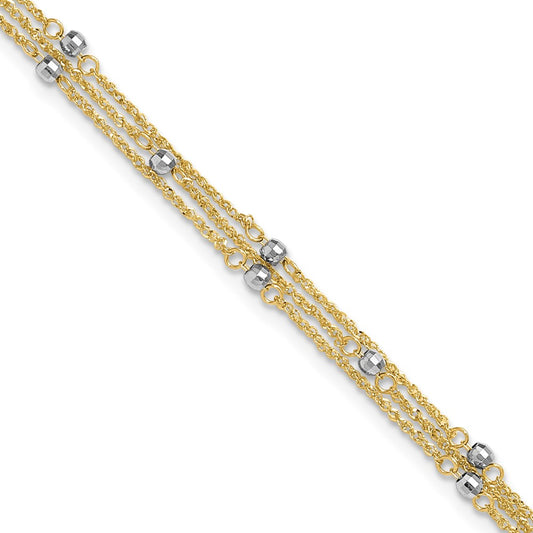 14K Two-Tone Gold Two-tone 3-Strand Chain with Mirror Beads 9 Inch Plus 1 Inch Extender - Total 10 Inch Anklet