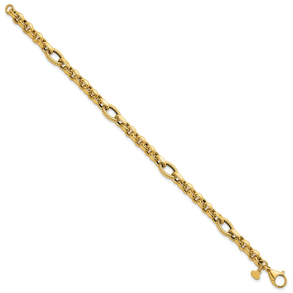 14K Yellow Gold Polished and Textured Rolo and Oval Fancy Chain 7.5 Inch Bracelet
