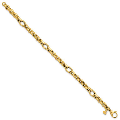 14K Yellow Gold Polished and Textured Rolo and Oval Fancy Chain 7.5 Inch Bracelet