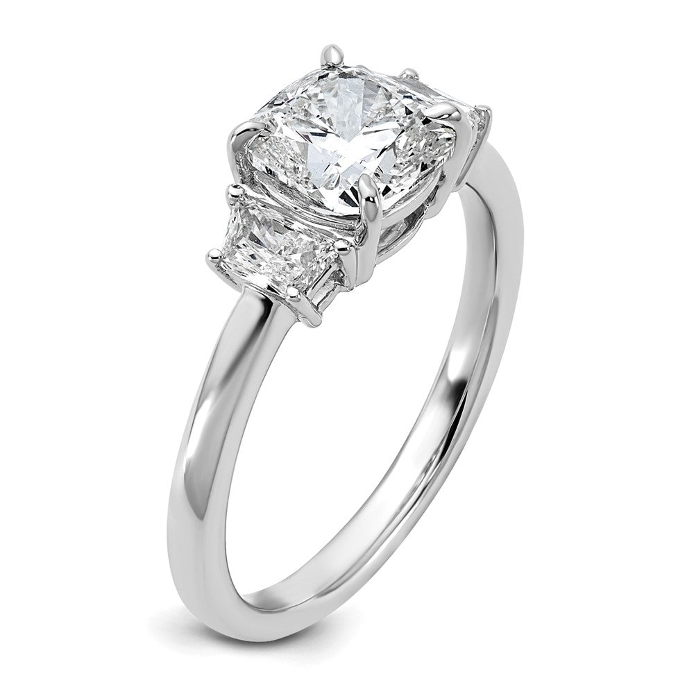 14K White Gold  3/8 carat Lab Grown Diamond VS+ F+ Half Moon 1 1/2 carat Cushion Center Semi Mount Three Stone Engagement Ring