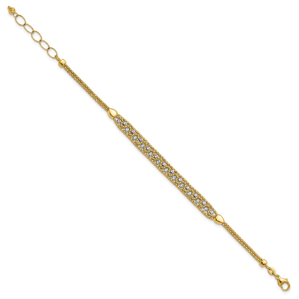 14K Two-Tone Gold Textured Diamond-cut 7mm Beaded 7.5 Inch Bracelet Plus 1 Inch Extender