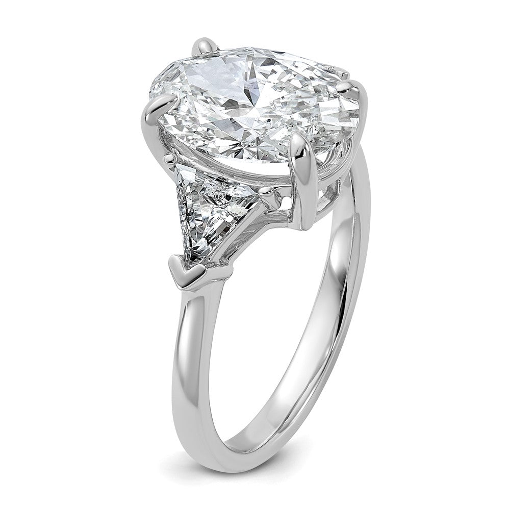 14K White Gold 1 1/8 carat Lab Grown Diamond VS+ F+ Trillion and 3 carat Oval Center Semi Mount Three Stone Engagement Ring