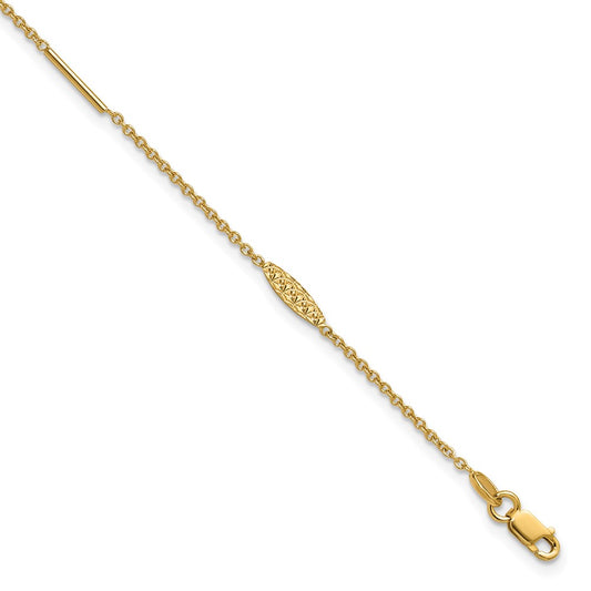 14K Yellow Gold Bar and Textured Oval 9 Inch Plus 1 Inch Extender - Total 10 Inch Anklet
