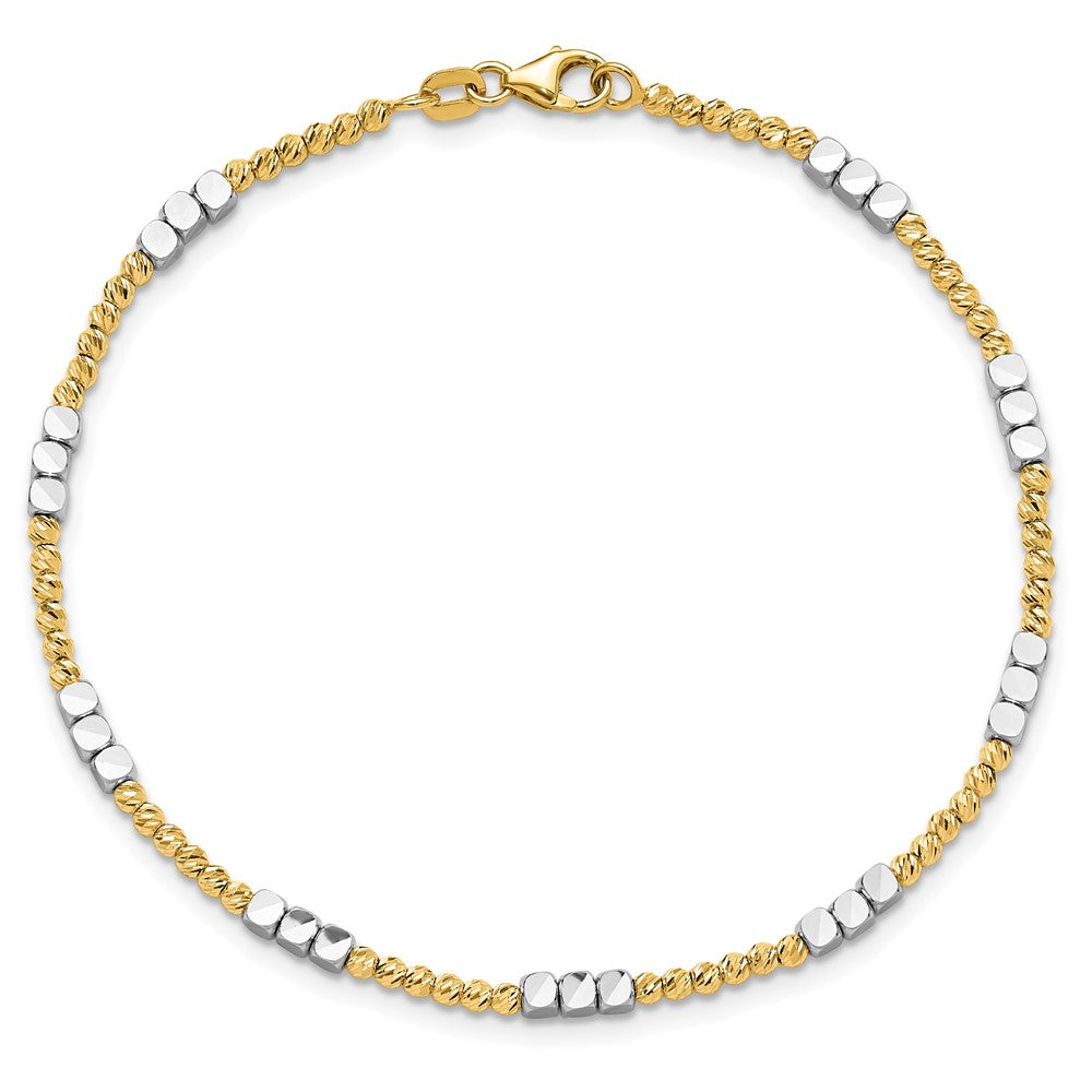 14K Two-Tone Gold Two-tone Diamond-cut Round and Square Beaded 7.5 Inch Bracelet