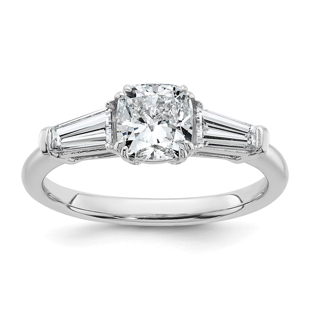 14K White Gold 1/2 carat Lab Grown Diamond VS+ F+ Tapered Baguette 1 carat Cushion Center Semi Mount Three Stone Engagement Ring
