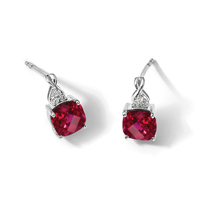 14K White Gold 7mm Cushion Checkerboard July/Lab Created Ruby and Diamond Post Earrings