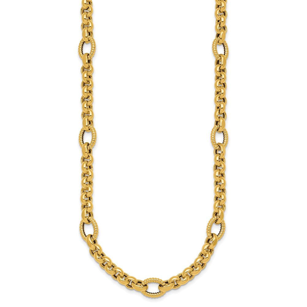 14K Yellow Gold Polished and Textured Rolo and Oval Fancy Chain 18 Inch Necklace